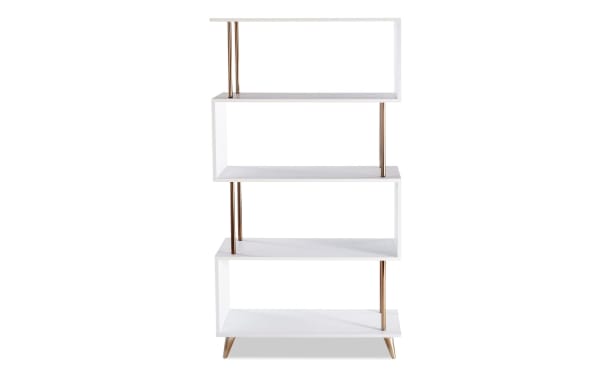Juenn 60.5'' white contemporary 5-shelf bookcase with asymmetrical MDF shelves, gold iron supports, and angled legs for stylish home display.