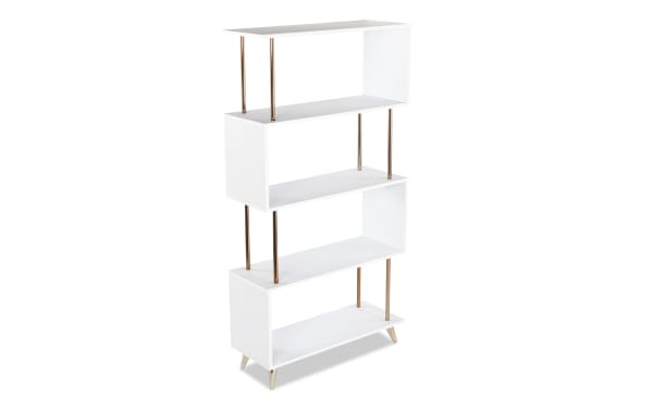 Juenn 60.5'' white contemporary 5-shelf bookcase with asymmetrical MDF shelves, gold iron supports, and angled plastic feet for stylish home storage.