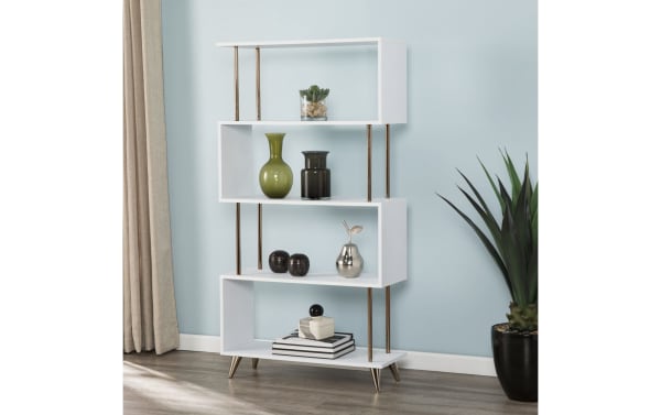 Juenn 60.5" white contemporary 5-shelf bookcase with asymmetrical MDF shelves, gold iron supports, and angled legs, ideal for modern decor.
