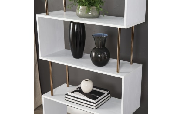 Juenn 60.5'' white contemporary 5-shelf bookcase with asymmetrical MDF shelves and gold iron supports, ideal for stylish home decor display.