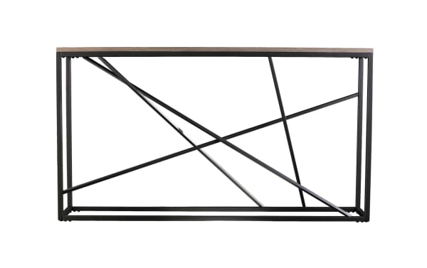 Contemporary Alfie 52'' Gray Console Table with slim powder-coated iron frame, geometric black metal base, and gray faux stone MDF top.