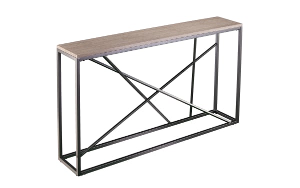 Alfie 52'' Gray Console Table with powder-coated iron frame and gray faux stone MDF top, slim contemporary geometric design for entryway or living room.