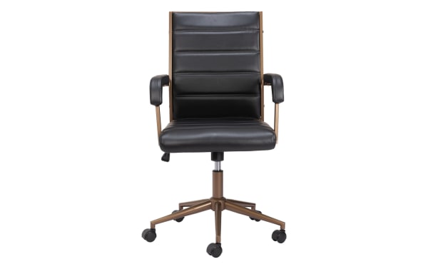 Everette Black Faux Leather Adjustable Swivel Office Chair with mid-century modern design, black polyurethane upholstery, padded armrests, and power-coated steel base with casters.