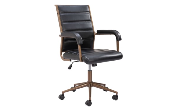 Everette Black Faux Leather Adjustable Swivel Office Chair with mid-century modern style, black polyurethane upholstery, padded armrests, and bronze power-coated steel frame.