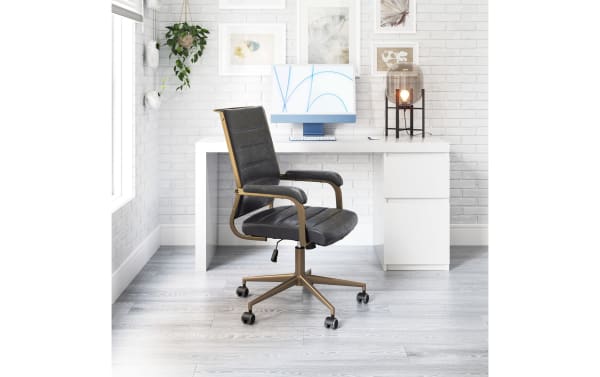 Everette Black Faux Leather Adjustable Swivel Office Chair with mid-century modern design, black polyurethane upholstery, plywood frame, and power-coated steel base with 360° swivel and height/tilt adjustments.