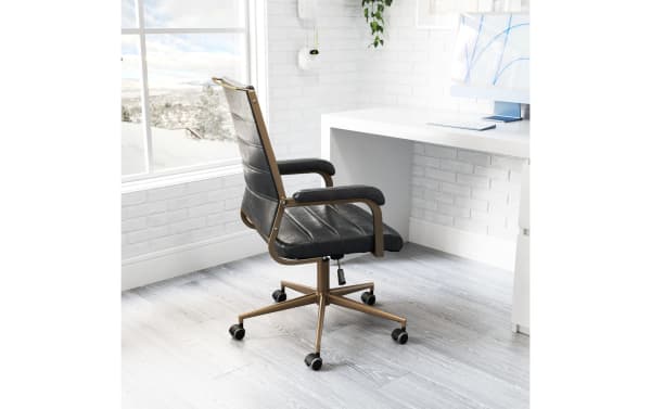Everette Black Faux Leather Adjustable Swivel Office Chair with mid-century modern design, black polyurethane upholstery, padded armrests, and bronze power-coated steel base with caster wheels.