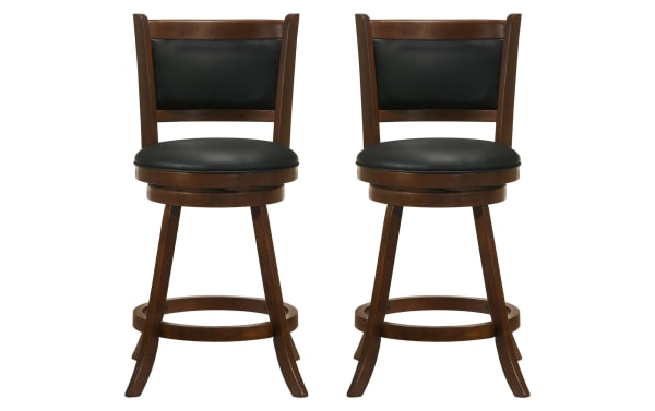 Set of 2 Romero Black & Brown Upholstered Counter Height Swivel Stools with faux leather seats, laminated veneer lumber, and Asian hardwood solids in transitional style.