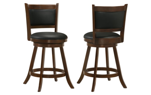 Set of 2 Romero Black & Brown Upholstered Counter Height Swivel Stools with black faux leather seats, wooden frames, angled legs, and round footrest ring.