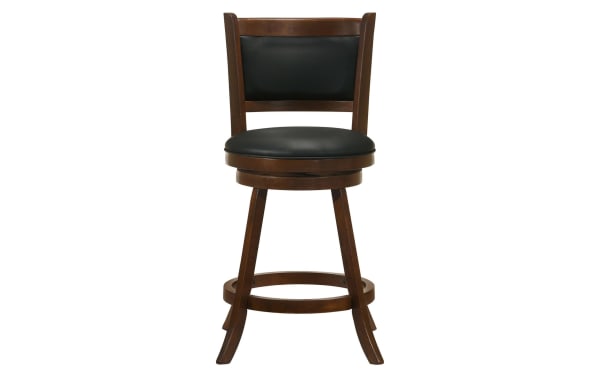 Transitional Romero Black & Brown Upholstered Counter Height Swivel Stool with faux leather seat, wooden frame, angled legs, and round footrest brace.