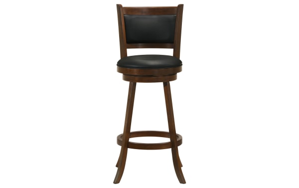 Romero Brown & Black transitional bar height swivel stool with black faux leather seat and back, rubberwood frame, angled legs, and round footrest.