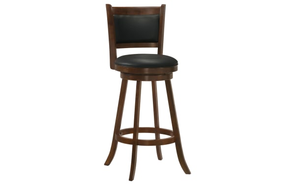 Romero Brown & Black faux leather panel back bar stool with plush black seat, wooden frame, angled legs, round footrest, and 360° swivel.