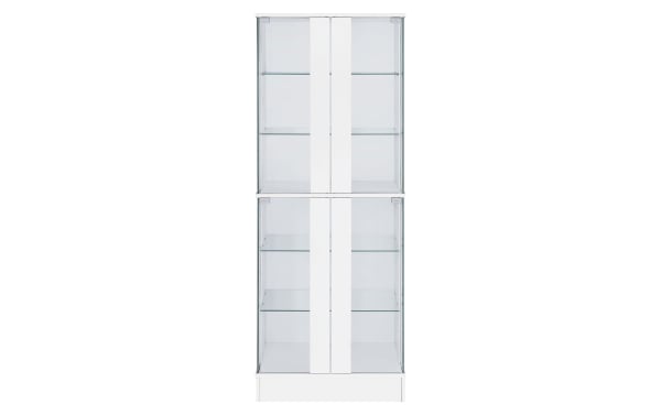 Evalise White LED Curio Cabinet with high-gloss laminate finish, tempered glass doors, six glass shelves, and integrated LED lighting, contemporary style.