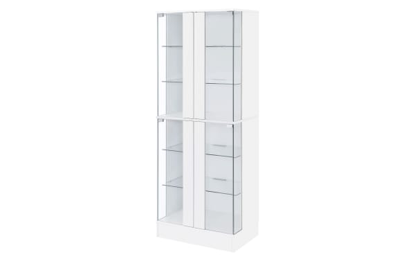Evalise White LED Curio Cabinet with high-gloss laminate, tempered glass doors, six shelves, and integrated LED lighting in contemporary style.