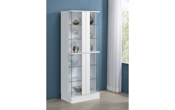 Contemporary Evalise White LED Curio Cabinet with high-gloss MDF laminate, tempered glass doors, six glass shelves, and integrated LED lighting.