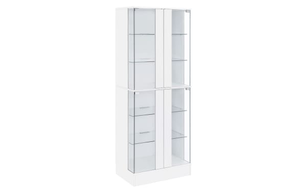 Evalise White LED Curio Cabinet with high-gloss laminate finish, tempered glass doors, six shelves, and integrated LED lighting for contemporary display.