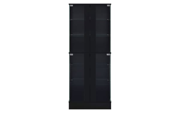 Sleek Evalise Black LED Curio Cabinet with high-gloss laminate, tempered glass doors, six glass shelves, and integrated LED lighting for modern display.