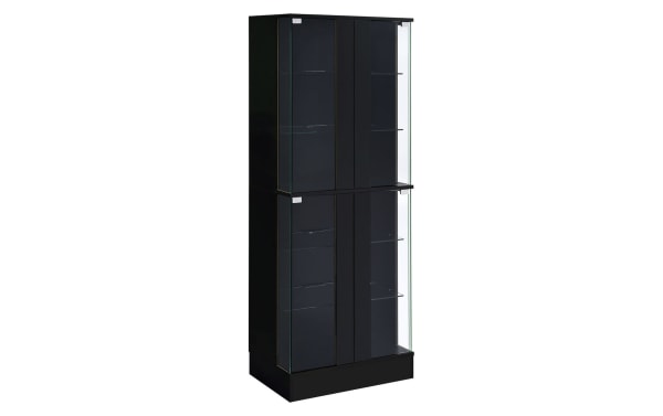 Contemporary Evalise Black LED Curio Cabinet with high-gloss laminate, tempered glass doors, six shelves, and integrated LED lighting, made of MDF and particle board.
