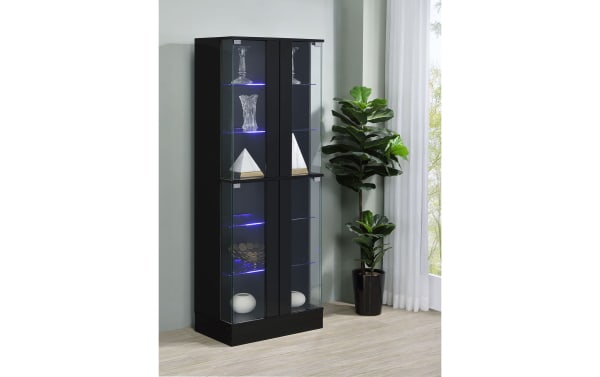 Evalise Black LED Curio Cabinet with high-gloss laminate finish, tempered glass doors, six LED-lit shelves, contemporary style.