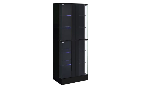 Contemporary Evalise Black LED Curio Cabinet with high-gloss laminate, tempered glass doors, six shelves, and integrated LED lighting.