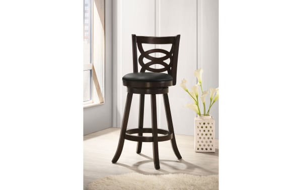 Traditional Payson Black & Brown Cross Back Bar Height Swivel Stool with faux leather padded seat, laminated veneer lumber, and Asian hardwood frame