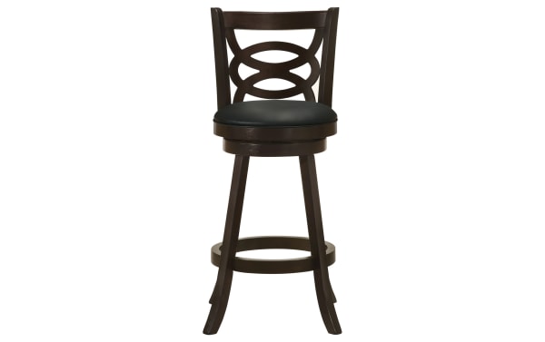 Traditional Payson Black & Brown Cross Back Bar Height Swivel Stool with faux leather padded seat, laminated veneer lumber frame, and 360-degree swivel.