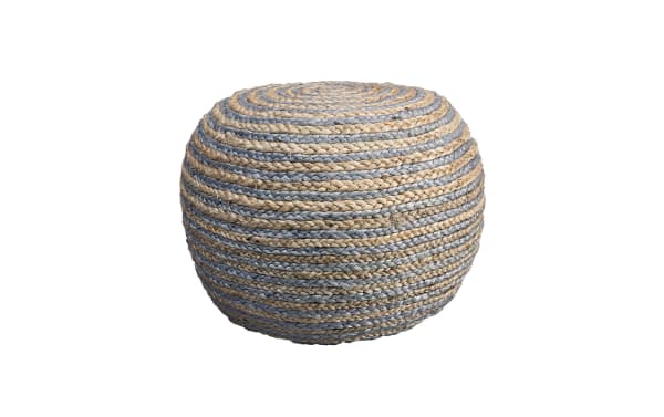 Cameron Natural Striped Pouf in gray and natural tones, handwoven cotton and jute blend, bohemian style fiber upholstery, durable and soft seating.