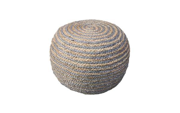 Round Cameron Natural Striped Pouf in gray and natural colors, hand-woven cotton and jute fiber with bohemian style, durable and soft upholstery.