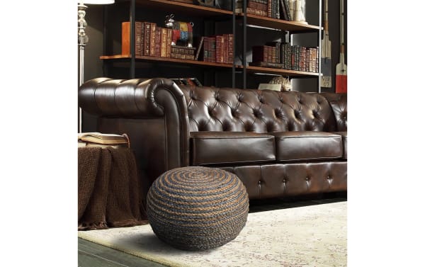Cameron Natural Striped Pouf in gray and natural colors, hand-made cotton and jute fiber, bohemian style, round woven floor cushion for durable décor.