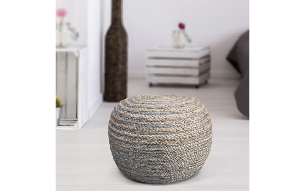 Cameron Natural Striped Pouf in gray and natural cotton-jute fiber, hand-made bohemian style ottoman with braided texture for soft, durable décor.