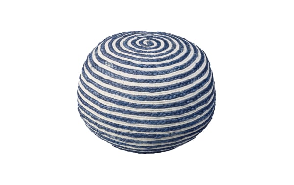 Round Cameron Blue Striped Pouf with blue and white cotton-jute braided fiber, bohemian style, soft and durable handcrafted décor piece.