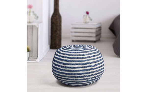 Round Cameron Blue Striped Pouf in bohemian style, hand-made cotton and jute fiber, durable blue and white woven décor ottoman.
