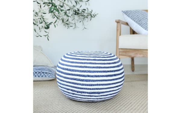 Round Cameron Blue Striped Pouf in blue and white cotton and jute fiber, bohemian style, hand-made, soft and durable décor ottoman.