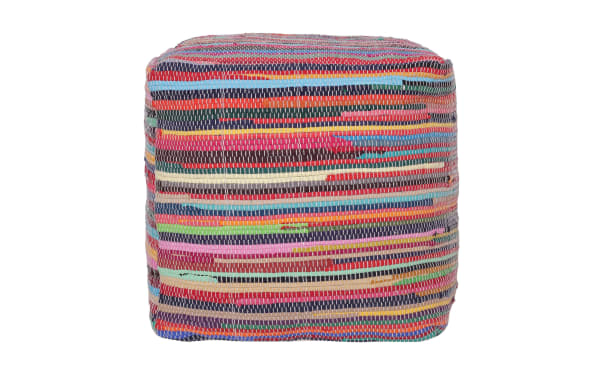 Elias Multicolored Pouf in bohemian style, handmade cotton fabric with navy, red, light blue, green, pink, and ivory stripes, dense EPS filling for seating or ottoman use.