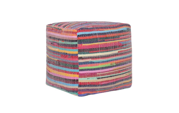 Elias Multicolored Pouf with dense EPS filling, handmade cotton fabric in navy, red, light blue, green, pink, and ivory stripes, bohemian style ottoman and seating cube.