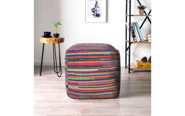 Elias Multicolored Pouf in bohemian style with navy, red, light blue, green, pink, and ivory cotton fabric. Handmade cotton ottoman with dense EPS filling.