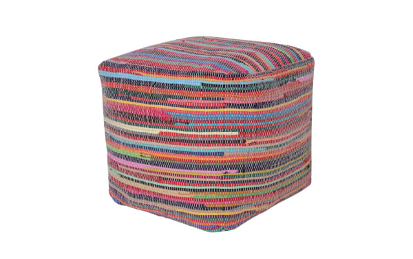 Elias Multicolored Pouf in bohemian style, handmade cotton fabric with navy, red, light blue, green, pink, and ivory stripes, dense EPS filling for seating or ottoman use.