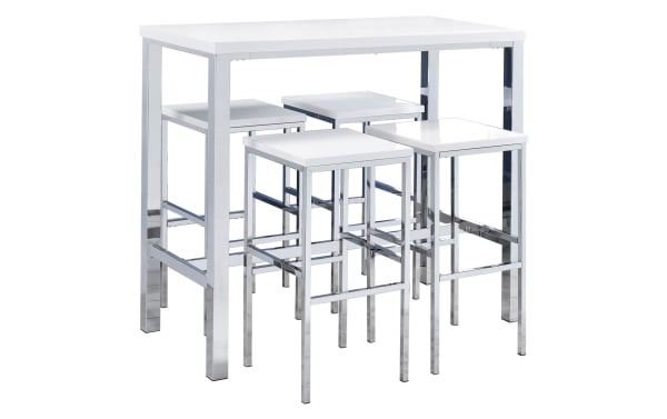 Contemporary Emmy 5 Piece White Bar Height Dining Set with polished chrome metal legs, white MDF laminate rectangular table and four square-leg stools