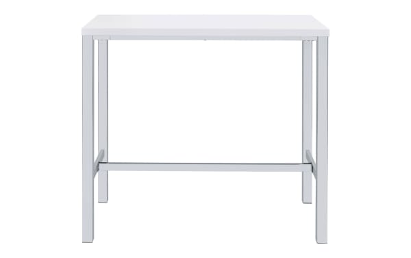 Contemporary Emmy 5 Piece White Bar Height Dining Set table with rectangular white laminate top, metal frame, and polished chrome square legs.