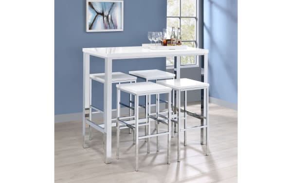 Contemporary Emmy 5 Piece White Bar Height Dining Set with rectangular MDF laminate table, four white bar stools, and polished chrome metal legs.