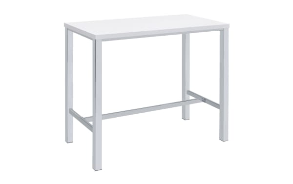 Contemporary Emmy 5 Piece White Bar Height Dining Set with rectangular MDF laminate table and polished chrome metal legs, modern bar table design.