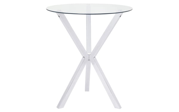 Contemporary Meila Chrome Round Glass Top Bar Table with bold X-shaped chrome metal base and clear tempered glass tabletop for kitchens or breakfast nooks.
