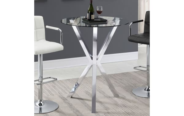 Meila Chrome Round Glass Top Bar Table with contemporary X-shaped chrome metal base and clear round tempered glass tabletop, ideal for kitchens or breakfast nooks.