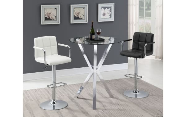 Contemporary Meila Chrome Round Glass Top Bar Table with bold X-shaped metal base and clear tempered glass tabletop, paired with black and white cushioned bar stools.