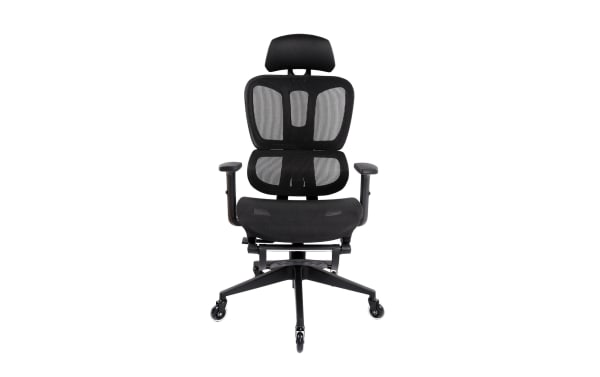 Daxton II Black Adjustable Swivel Office Chair with breathable mesh, integrated lumbar support, height-adjustable headrest, nylon base, and steel frame.