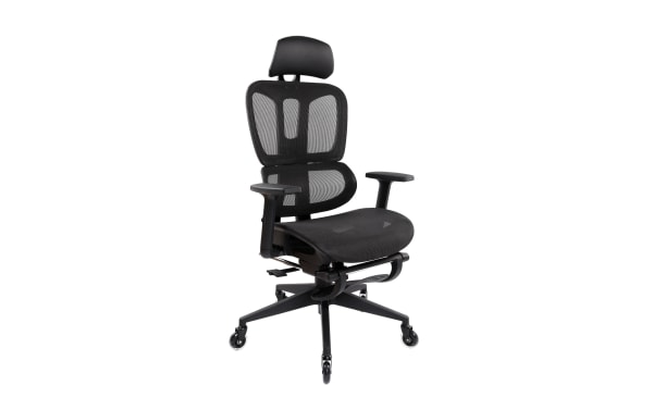 Daxton II Black Adjustable Swivel Office Chair with breathable mesh, nylon frame, steel base, lumbar support, headrest, reclining tilt, and smooth in-line skate wheels.