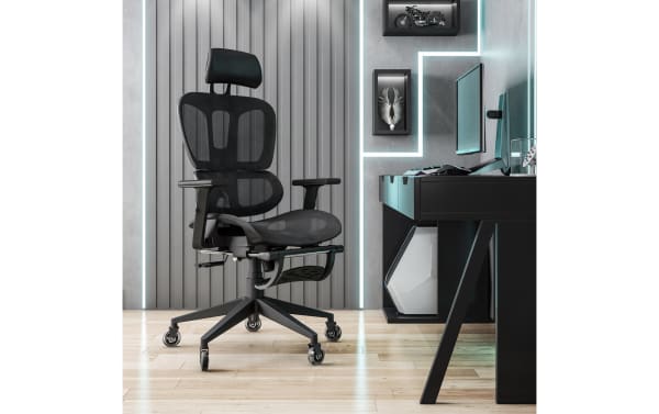 Daxton II Black Adjustable Swivel Office Chair with mesh seat, integrated lumbar support, height-adjustable headrest, nylon and steel frame, in contemporary style.