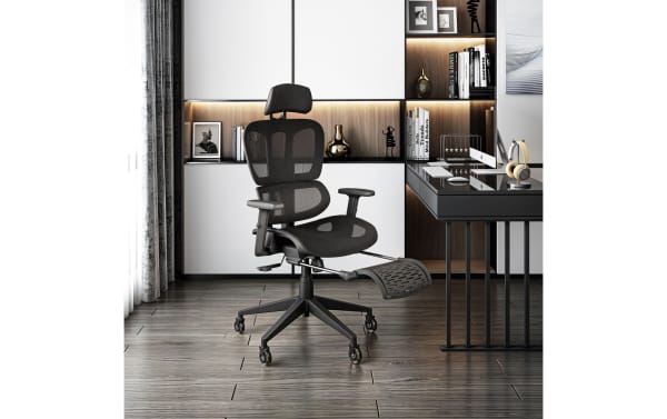Daxton II Black Adjustable Swivel Office Chair with breathable mesh, integrated lumbar support, height-adjustable headrest, reclining tilt, and in-line skate wheels.
