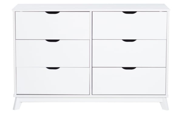 Phoebe White 6 Drawer Solid Wood Dresser in transitional style with solid pine and MDF construction, featuring six spacious drawers and cut-out handles.