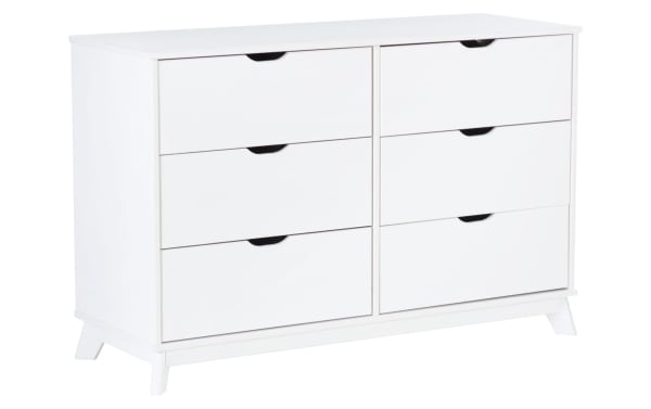 Phoebe White 6 Drawer Solid Wood Dresser in transitional style, made of solid pine and MDF, featuring spacious drawers and cut-out handles for a sleek look.