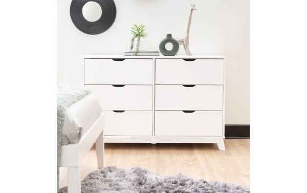 Phoebe White 6 Drawer Solid Wood Dresser in transitional style with solid pine and MDF construction, featuring six spacious drawers and cut-out handles.